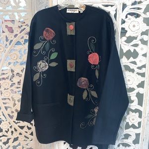 Vintage ANAGE Black 3D Floral Appliqué Jacket – Oversized 90s Wearable Art Large
